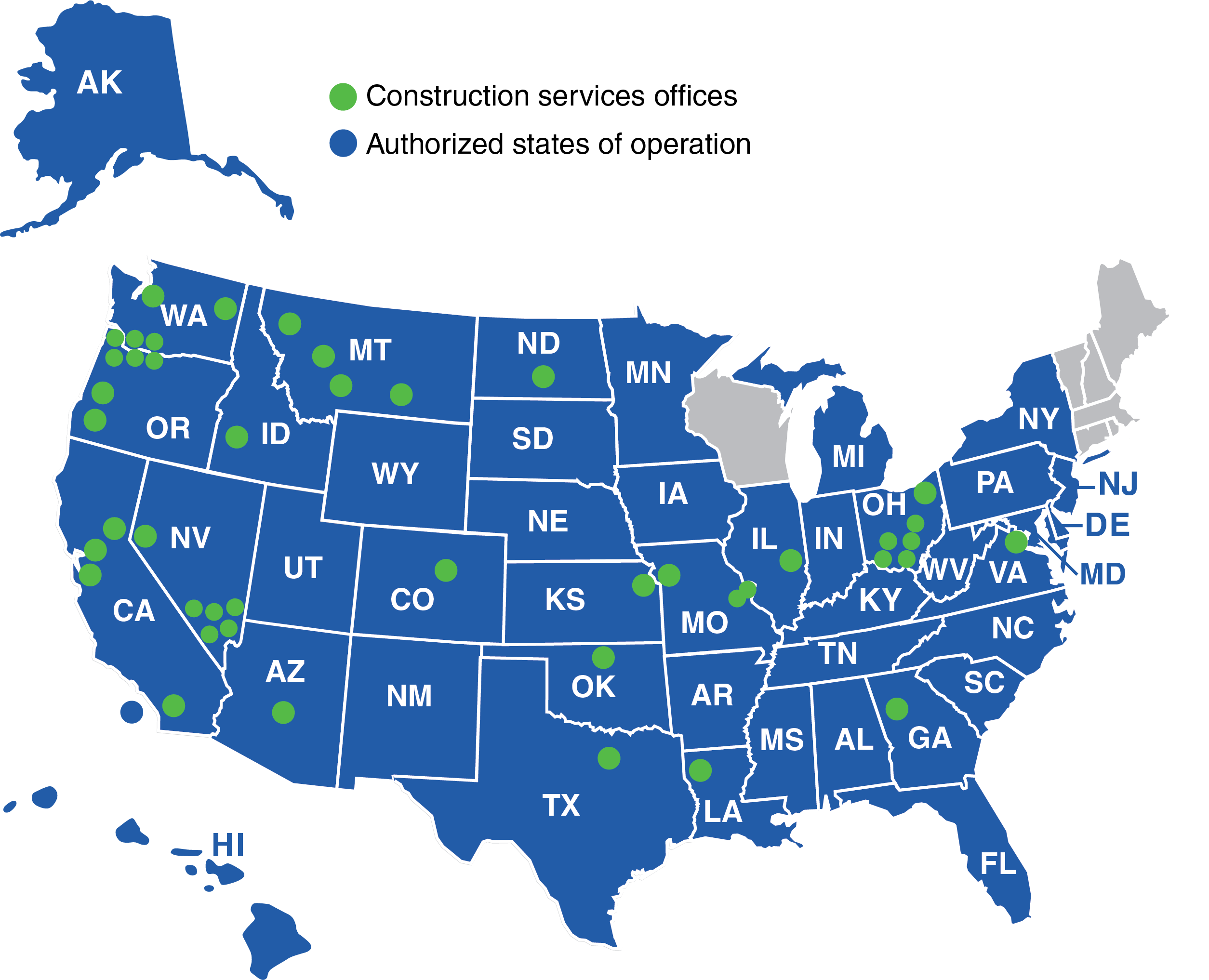 US map of construction services operations