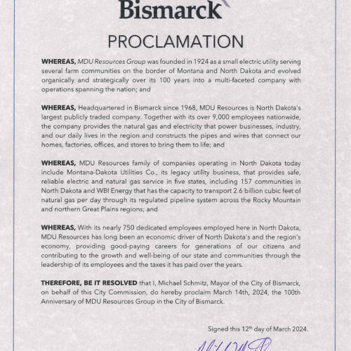 City of Bismarck honors MDU Resources' 100th anniversary with a proclamation