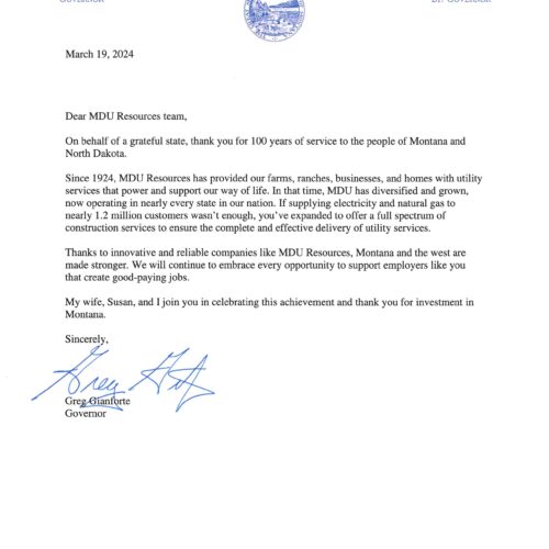 Montana Gov. Gianforte congratulates MDU Resources for 100 years