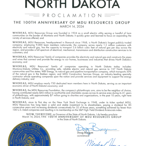 State of North Dakota honors MDU Resources' 100th anniversary with proclamation